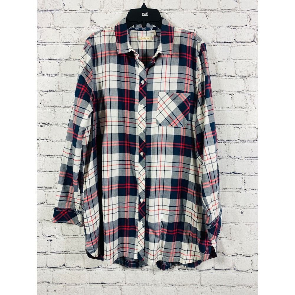 Barbour Shirt Womens Plaid Herringbone Beacon Navy Red White US 10 Excellent